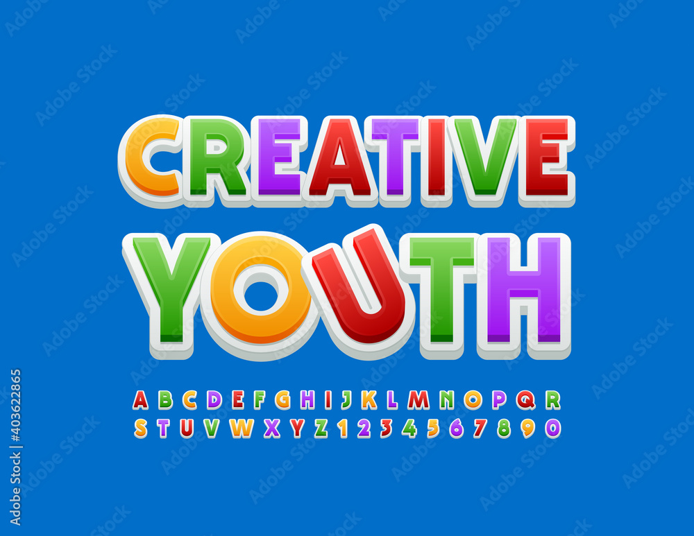 Vector bright logo Creative Youth. Modern colorful Font. Uppercase Alphabet Letters and Numbers set