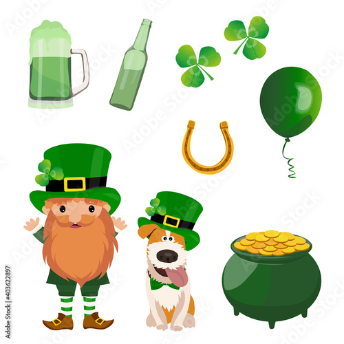Set of illustrations for celebrating St. Patrick's Day. Leprechaun, dog, pot of gold, clover.