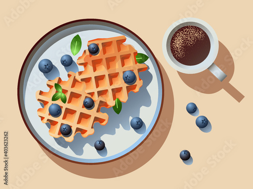 Belgian waffles with fresh berries and strawberries, tasty homemade healthy breakfast with cup of coffee- vertical top view