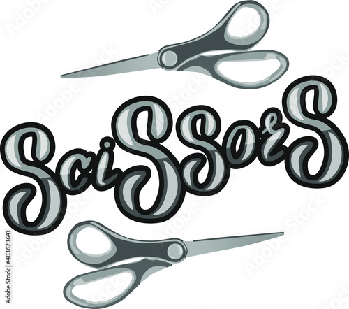 The inscription "scissors" and two pairs of scissors next to it.