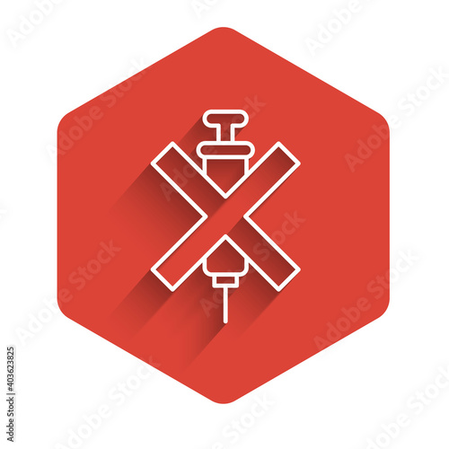 White line No doping syringe icon isolated with long shadow. Red hexagon button. Vector.