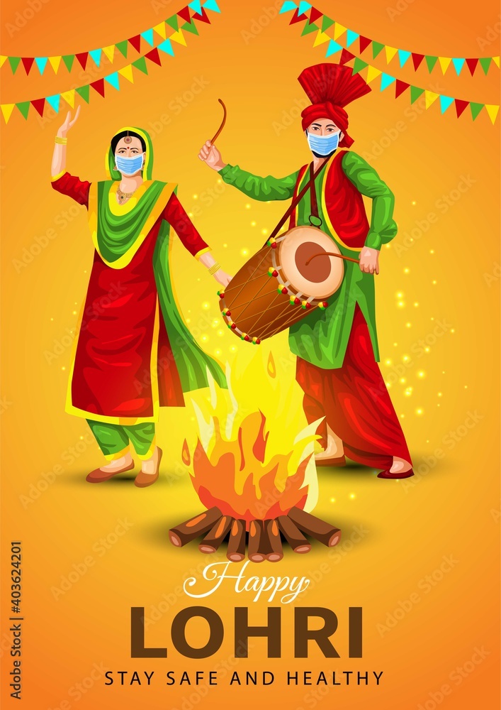  Happy Lohri festival of Punjab India background. vector illustration of couple playing lohri dance. covid-19, coronavirus concept banner design.