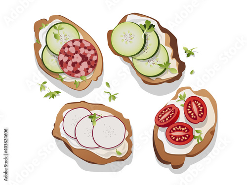 Fototapeta Naklejka Na Ścianę i Meble -   Variety of mini sandwiches with vegetables, with cream cheese and salami - assorted canapes with cheese, cucumber, radish, tomatoes, salami, thyme on a white background, top view, vector illustration