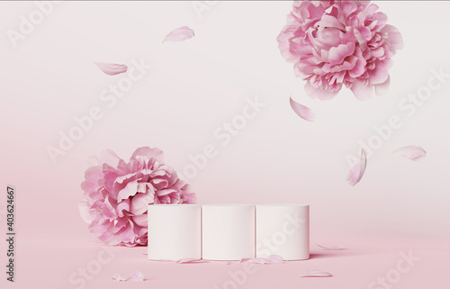 Fototapeta Naklejka Na Ścianę i Meble -  3D display podium set pastel pink flower and petals background. Falling Peony blossom. Nature minimal pedestal for beauty, cosmetic product presentation. Valentine, feminine,  copy space  3d render