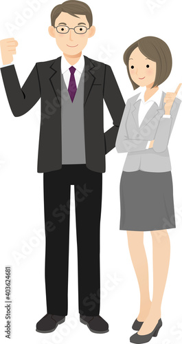 A man in a suit and a guts pose and a woman pointing a finger