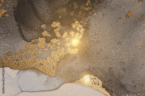 Grey and gold foil stone marble texture with glowing lights. Alcohol ink technique abstract vector background. Modern paint with glitter. Template for banner, poster design. Fluid art painting