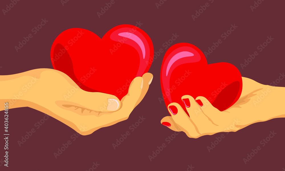 beautiful human hands hold red hearts. Valentine's day card. Vector illustration beautiful human hands hold red hearts. Valentine's day card. Vector illustration