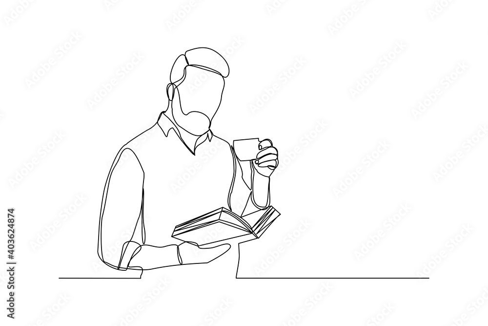 continuous line drawing of business man reading book and drinking cup of coffee. Single one line art of worker lifestyle. Vector illustration