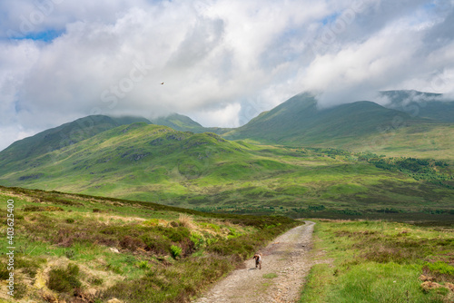 The cloud covered mountain summits of Sron Dha Mhurchaidh, Beinn Ghlas and Meall Corranaich that surround Ben Lawers nature reserve near Loch Tay in the Scottish Highlands, UK.