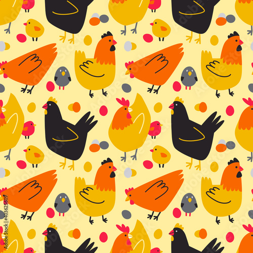 Seamless pattern with colored hens, chickens and chicken eggs. Vector doodle illustration for spring background, wrapping paper, wallpaper, Easter