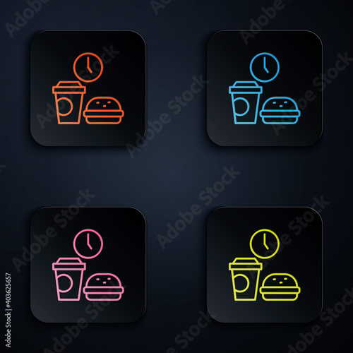 Color neon line Fast food time icon isolated on black background. Set icons in square buttons. Vector.