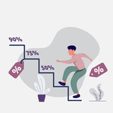 modern flat people character. the man is trying to climb the stairs for a discount. ideal for websites, landing pages, UI, mobile applications, posters, banners. 