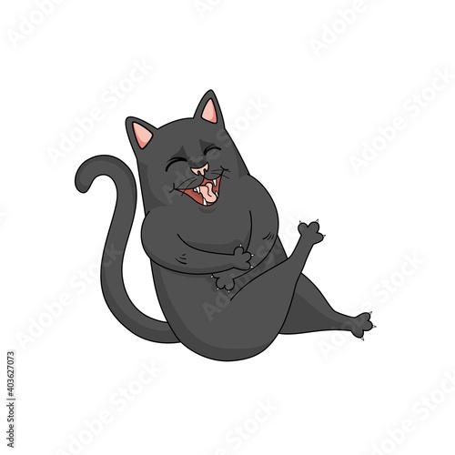 Vector black cat laughs and holds his paws to his stomach. Funny character design. Humor, fun illustration