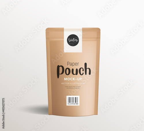 Brown kraft paper pouch bags, front view with stickers label, packaging mock up template design, on white background Eps 10 vector illustration