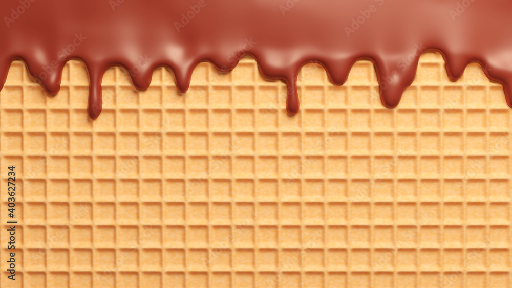 Brown melted chocolate flowing down on waffle. 3D rendered image.