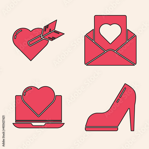 Set Woman shoe with high heel, Amour with heart and arrow, Envelope with heart and Laptop with heart icon. Vector.