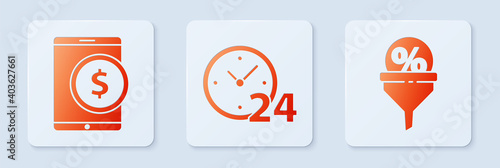 Set Clock 24 hours, Tablet with dollar and Lead management. White square button. Vector.