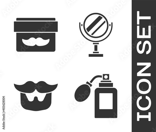 Set Aftershave bottle with atomizer, Cream or lotion cosmetic jar, Mustache and beard and Round makeup mirror icon. Vector.