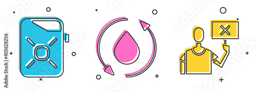 Set Canister for motor oil, Oil drop and Nature saving protest icon. Vector.