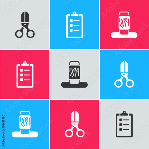 Set Scissors hairdresser, Grooming salon price list and Cat scratching post icon. Vector.