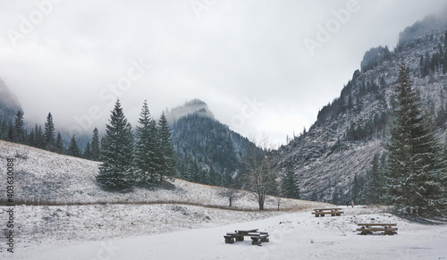 Winter mountain landscape of Koscieliska Valley, color toning applied, Tatra National Park, Poland.