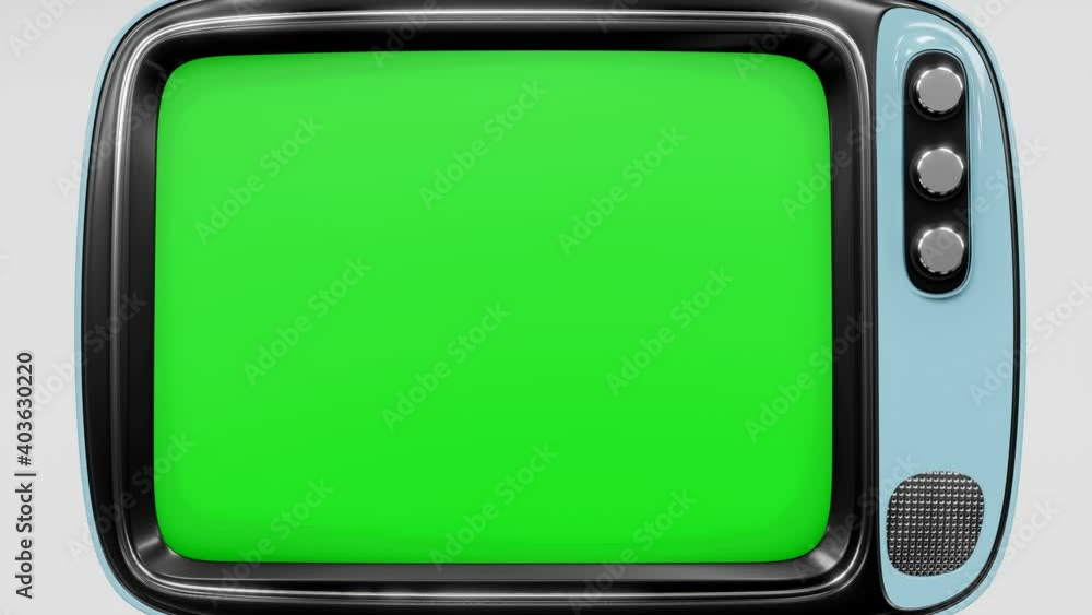 Retro tv falling from above and switching on with realistic kinescope effect green screen