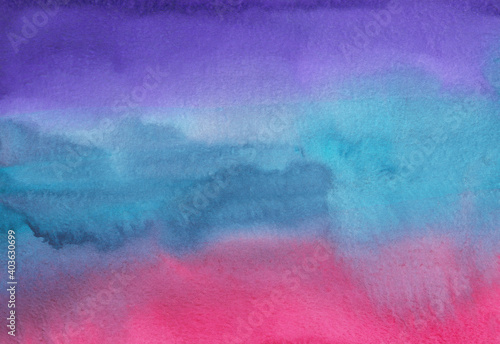 Watercolor colorful soft stripes background. Deep blue, purple, pink stains on paper backdrop. Abstract vivid watery overlay.