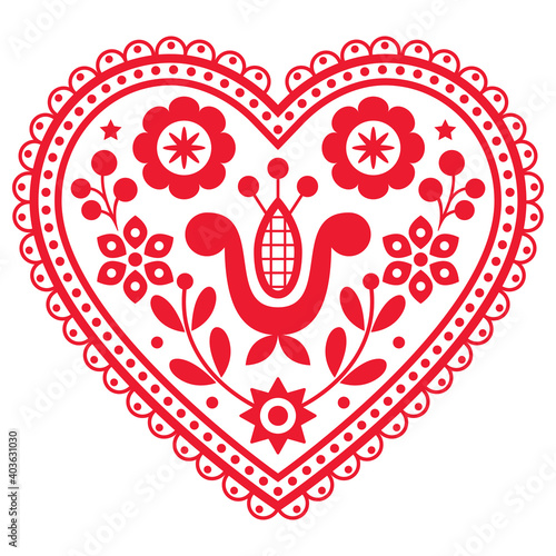 Valentine's Day greeting card or wedding invitation design - Polish folk art vector heart pattern with flowers
