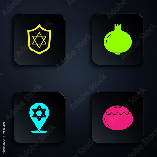 Set Jewish sweet bakery, Shield with Star of David, and Pomegranate. Black square button. Vector.