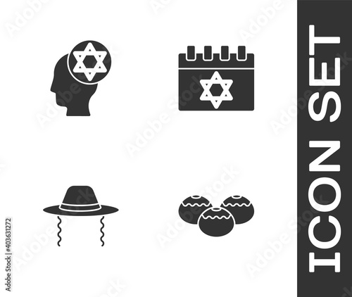 Set Jewish sweet bakery, Orthodox jewish hat, and calendar icon. Vector.