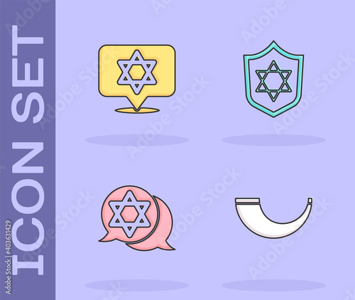 Set Traditional ram horn, shofar, Star David, and Shield with icon. Vector.