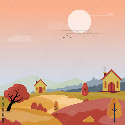 Village portrait in autumn landscape before the dawn