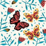A family of exotic butterflies. A variety of flying insects with flowers. Doodle picture of soaring, colored, antennae, winged in nature. Illustration for a spring or summer poster. Vector