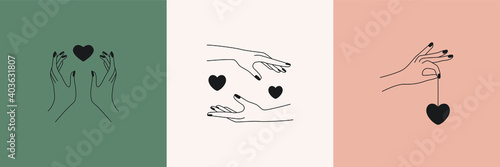 Abstract linear logo design. Minimal boho hands hearts symbols for fashion beauty products. Vector illustration