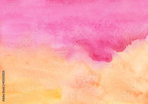 Watercolor bright pink, yellow, peach color background. Colorful soft light backdrop, stains on paper.