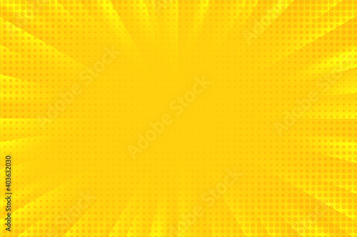 Abstract background cartoon comic zoom yellow rays light diffused with halftone dots.