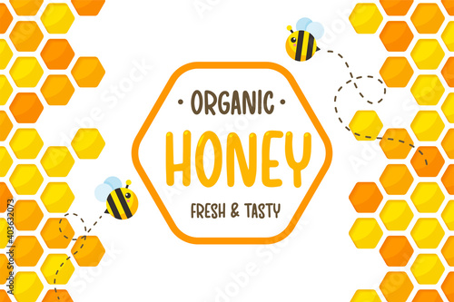 Hexagonal golden yellow honeycomb pattern paper cut background with bee and sweet honey inside.
