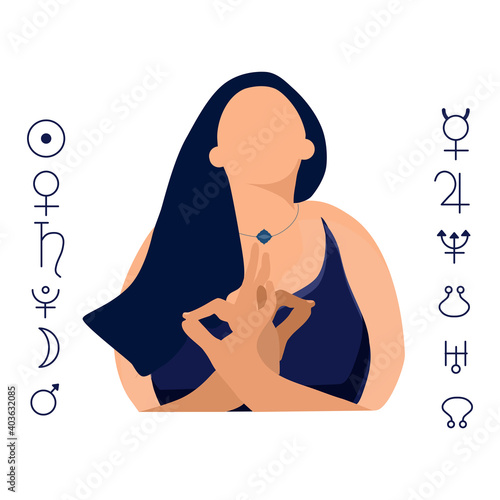 Young woman is meditating and opening her chakras with Indian ideology. Mudras for yoga. Jyotish or Hindu astrology. Vedic signs and planetary symbols line art. Hands gesture. Vector in flat style.