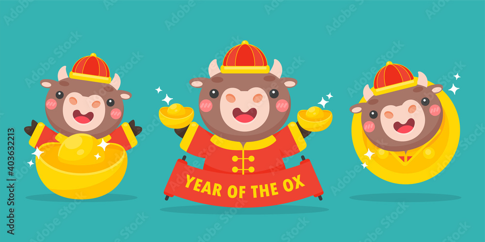 Happy chinese new year 2021 greeting card cartoon cow holding red greeting sign in the new year