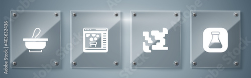 Set Test tube and flask, Gaseous, Chemical online and Mortar pestle. Square glass panels. Vector.