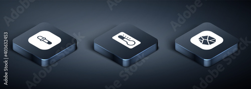 Set Isometric Pipette, Salt stone and Medical thermometer icon. Vector.