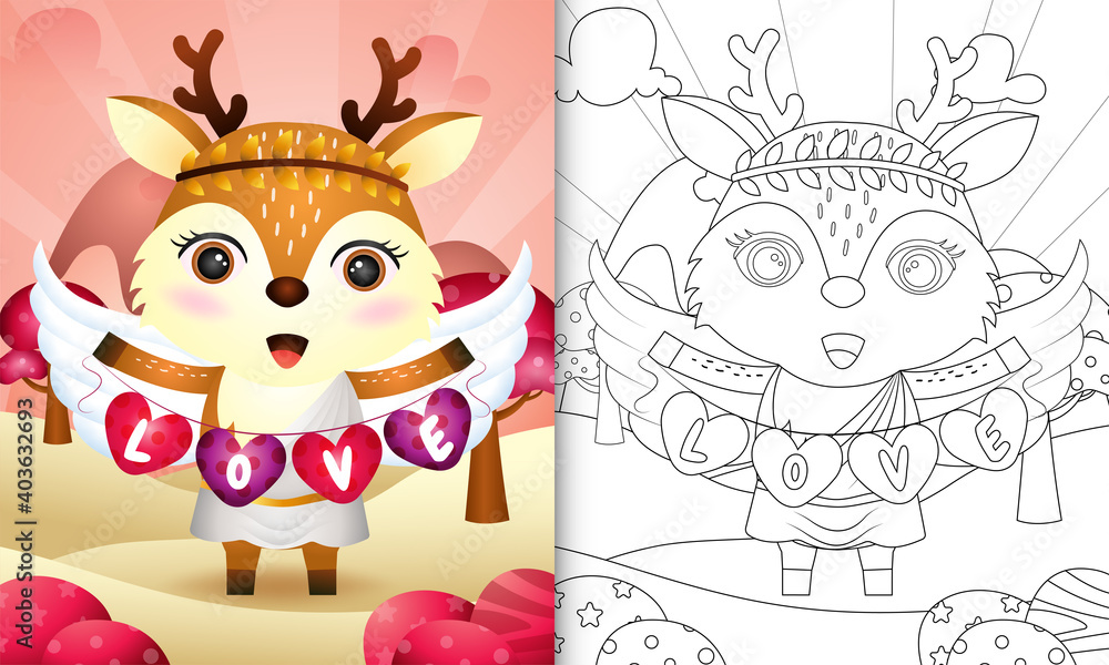 Fototapeta premium coloring book for kids with a cute deer angel using cupid costume holding heart shape flag