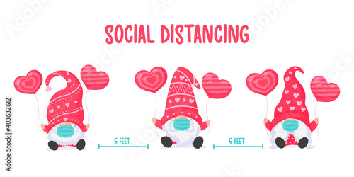 Gnomes holding pink heart balloons Wear a mask and leave social space to prevent the virus.
