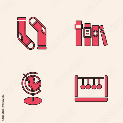 Set Pendulum, Socks, Book and Earth globe icon. Vector.
