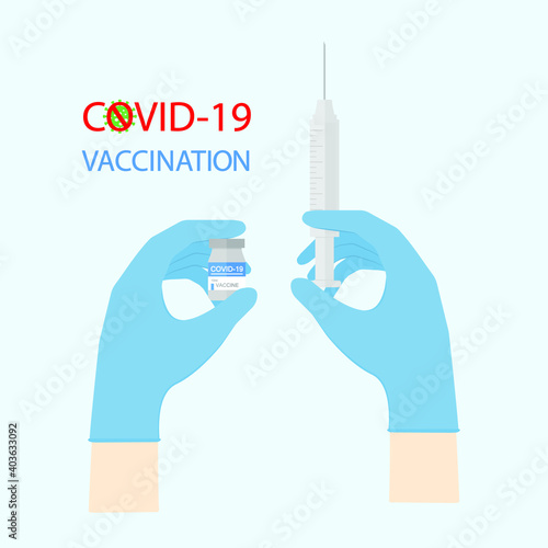 Doctor wear medical gloves hand holding vaccine bottle COVID-19 with syringe on blue background. Design for mockup Coronavirus Covid-19 vaccination concept. vector illustration.
