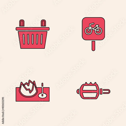 Set Bicycle pedal, basket, parking and on street ramp icon. Vector.