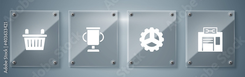Set Bicycle repair service, sprocket crank, Award cup with bicycle and basket. Square glass panels. Vector.