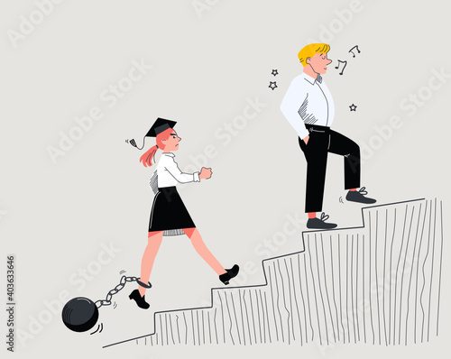 illustration of unfair salary gap between male and female professional employees. Troubles and problems for women climb corporate career ladder. Young university graduate struggle with ball and chain