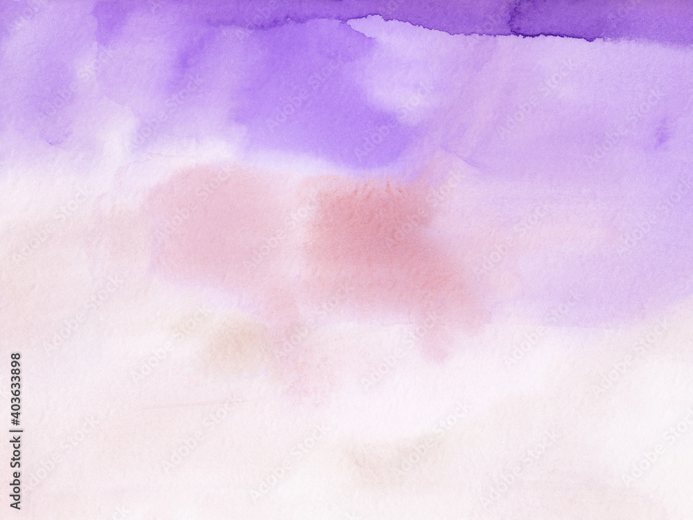 Watercolor pastel pink and purple background painting. Blurred light coral and violet backdrop. Stains on paper.