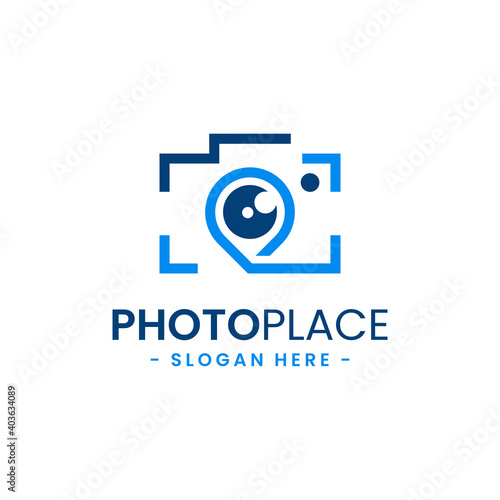 Photo point logo design template. Abstract combination of camera with navigation pin icon vector. Concept of place for photography. Flat style for graphic design, logo, web, UI.